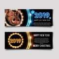 Happy Chinese New Year 2019 design template vector. Chinese New Year of Pig greeting card, Light banner, neon style Royalty Free Stock Photo