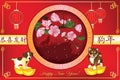 Happy Chinese New Year of the Dog 2018! red greeting card with text in Chinese and English Royalty Free Stock Photo