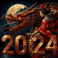 Happy Chinese new year 2024 with the dragon asian woman and the moon, poster shunga painting art