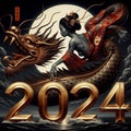 Happy Chinese new year 2024 with the dragon asian woman and the moon, poster shunga painting art