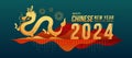 Happy Chinese new year 2024, Year of the dragon banner with Gold chinese dragon zodiac stand on abstract modren curve mountain and