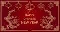 Happy Chinese New Year 2024. Year of the Dragon. Christmas background with golden dragons and Chinese lanterns.