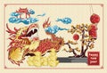 Happy chinese new year dragon dance and flowers new year golden ingots illustration on background asia pattern