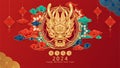 Happy Chinese new year 2024. Dragon gold zodiac sign card flower, lanterns and cloud on red background. Asian elements with craft Royalty Free Stock Photo