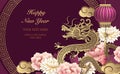 Happy Chinese new year of dragon golden purple relief peony flower lantern cloud round lattice tracery frame