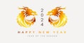 Happy Chinese new year 2024 of the dragon - two golden dragons minimalist style on white background and text happy new year 2024