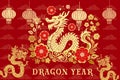 Happy chinese new year of the dragon zodiac sign with flower,lantern,asian elements gold paper cut style red background