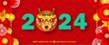 Happy chinese new year 2024 year of the dragon zodiac sign with flower,lantern, fan elements gong xi fa cai, greeting card paper