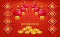 Happy Chinese new year with Chinese gold cubes and lantern on red background Chinese translation: New wishful wishes and a fortune