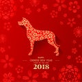 Happy Chinese new year 2018 with gold flowers in dog zodiac sign on red flower background vector design Royalty Free Stock Photo