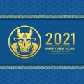 Happy chinese new year 2021 with gold head ox zodiac in circle on blue chinese texure background vector design