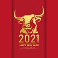 Happy chinese new year 2021 with gold head ox zodiac sign on red chinese culture texture background vector design Royalty Free Stock Photo