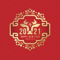 Happy chinese new year 2021 with gold head ox zodiac and text in chinese culture frame on red texture background vector design Royalty Free Stock Photo