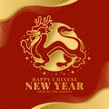 Happy chinese new year - Gold Line dragon stand on circle moon with star around sign on red texture background vector design