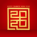 Happy Chinese New Year 2020 with gold  number of year typography greetings text in the square frame symbol on red background Royalty Free Stock Photo