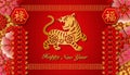 2022 Happy Chinese new year gold relief tiger flower firecrackers and retro red reel. Chinese Translation : Prosperity, blessing Royalty Free Stock Photo