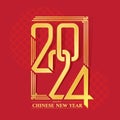 Happy Chinese New Year - Gold text and 2024 number of year letter with modern sharp style in china frame line on red texture Royalty Free Stock Photo