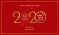 Happy Chinese New Year 2020 gold typography poster template design with fireworks decoration on red asian pattern background