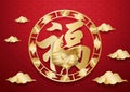 Happy chinese new year with gold zodiac chicken, clouds, el