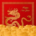 Happy Chinese New Year golden dragon paper cut art and ingot squre spiral frame