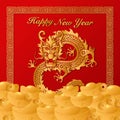 Happy Chinese New Year golden dragon paper cut art and ingot squre spiral frame