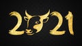 Happy Chinese new year 2021. Golden glittering bull zodiac sign with number in grunge style on a black background with pattern.