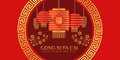 Happy chinese new year, gong xi fa cai banner with red and gold lanterns Hang in the chinese circle frame on red background fu