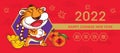 2022 Happy Chinese new year greeting banner with cartoon cute tiger wear traditional chinese costume giving greeting Royalty Free Stock Photo