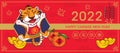 2022 Happy Chinese new year greeting banner with cartoon cute tiger wear traditional chinese costume and jumping happily Royalty Free Stock Photo