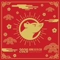 Happy chinese new year greeting card banner with haed rat zodiac in circle sun sign and abstract cloud flower coin sign on red Royalty Free Stock Photo
