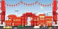 Happy Chinese New Year greeting card with China town village