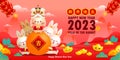 Happy Chinese new year 2023 greeting card Cute Little rabbit and lion dance holding mandarin orange, year of the rabbit zodiac