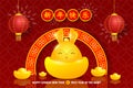 Happy Chinese new year 2023 greeting card cute rabbit with chinese gold ingots, gong xi fa cai, year of the rabbit zodiac, cartoon Royalty Free Stock Photo