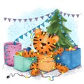 Happy Chinese new year greeting card 2022 with cute tiger in different season location for calendar. Animal holidays