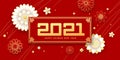 Happy Chinese New Year 2021, greeting card flower and draw line gold banner on red background Royalty Free Stock Photo