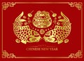 Happy Chinese new year greeting card with gold paper cut lucky twin fish and money bag on red background vector design Royalty Free Stock Photo