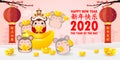 Happy Chinese new year 2020 greeting card. group of Little rat holding Chinese gold, year of the rat zodiac Cartoon isolated Royalty Free Stock Photo