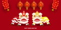 Happy Chinese new year greeting card with lion dance gong xi fa cai, Cartoon background vecor illustration, text happy new year