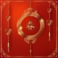 Happy Chinese New Year greeting card with ornament asian decoration fan and lantern in gold background  Geometric texture with red Royalty Free Stock Photo