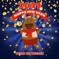 Happy Chinese 2021 new year greeting card. Year of the ox. Cute bull and gold money. Chinese zodiac symbol traditional Royalty Free Stock Photo