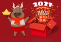 Happy Chinese 2021 new year greeting card. Year of the ox. Cute bull and open red gift boxg confetti gold money. Chinese Royalty Free Stock Photo