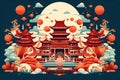 Chinese New Year banner with red pagoda, dragon, moon and clouds. Generative ai Royalty Free Stock Photo