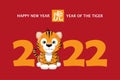 Happy Chinese new year greeting card. 2022 Tiger zodiac. Cute baby tiger and orange numbers. Animal cartoon character and chinese