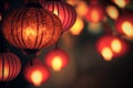 Happy Chinese New Year 2023 greeting card with traditional asian lanterns on red glowing banner background. Generative Ai