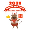 Happy Chinese 2021 new year greeting card. Year of the ox. Cute bull and gold money. Chinese zodiac symbol traditional Royalty Free Stock Photo