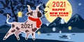 Happy Chinese 2021 new year greeting card. Year of the ox. Cute bull with red scarf on background night chinese asian