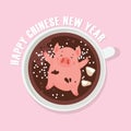 Happy Chinese New Year greeting card , year of a pig. Cute and funny piglet chilling in a cup of winter drink. Excellent