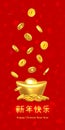 Happy Chinese New Year Greeting Card. Chinese Yuan Bao Gold Br with Gld coins and confetti on red background. Imperial Gld Igot