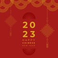 Happy Chinese New Year. Hanging Chinese knots amulets. Year of the rabbit. 2023. Vector illustration, flat design