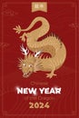 Happy chinese New Year 2024 holiday vertical poster. China gold dragon zodiac sign on red rice fields background. Asian Royalty Free Stock Photo